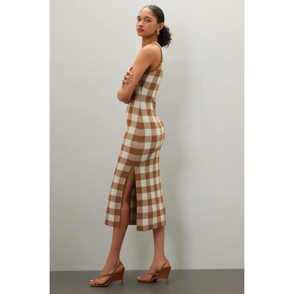 TOCCIN Emerson Midi Dress Sleeveless Gingham Check Knit Brown White Size XS - Picture 3 of 10